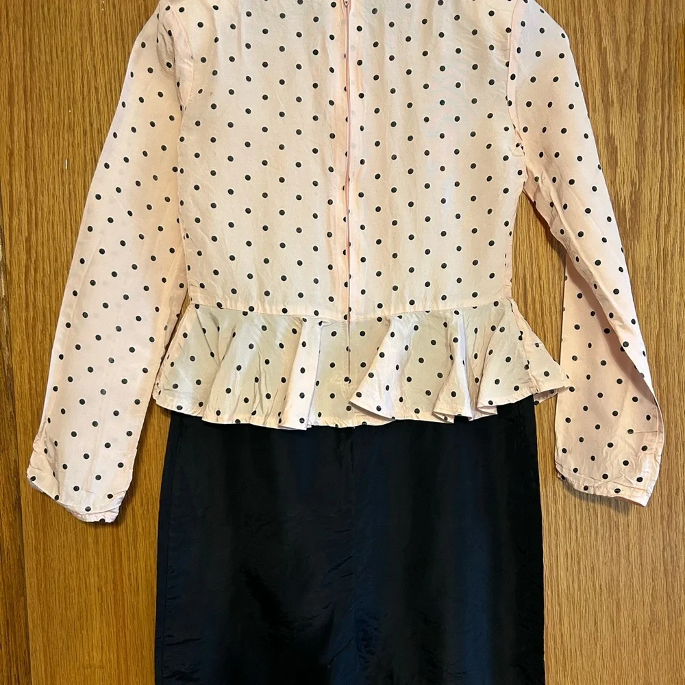 Vintage 80s Jazz Girls Polka Dot Peplum Dress Pink Black Long Sleeve Retro Party
